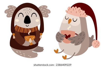 Winter animals clipart with cute koala and owl in cartoon flat style. Vector illustration