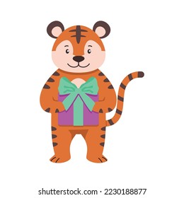 Winter animals collection. A cute tiger holding a gift box with a bow.