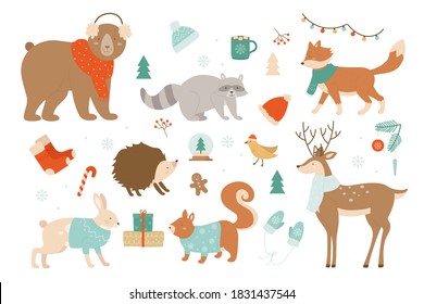 Winter animals decor flat vector illustration. Cartoon animalistic Christmas collection with xmas decorative elements, cute animals hedgehog hare bear raccoon fox deer squirrel wearing winter clothes
