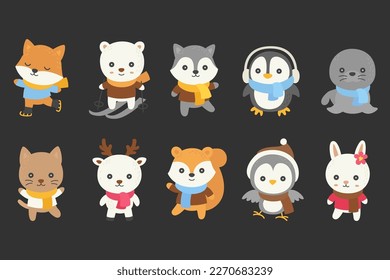 Winter animals doodle set 1, vector illustration