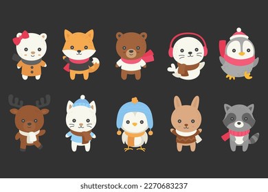 Winter animals doodle set 2, vector illustration