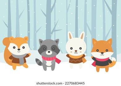 Winter animals doodle in snow forest vector illustration