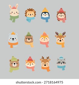 winter animals faces set with scarves and hats, including bear, fox, deer, raccoon, bunny, lion, penguin, hedgehog and polar bear, adorable cartoon characters for kids designs, nursery art, christmas and winter projects, isolated on transparent background