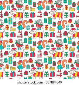 Winter animals and gifts. Seamless pattern with doodle hedgehog, squirrel and a dog. Christmas background with presents. Cute design for kids.