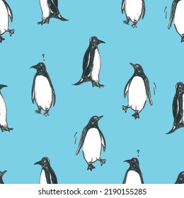 Winter animals hand drawn penguins seamless pattern design art illustration