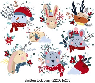Winter animals head, cute polar bear in a scarf, rabbit head, funny mouse, colorful flowers and leaves. Concept Christmas and New Year. Perfect for greeting cards, poster, postcard, banner.