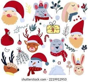 Winter animals head and Santa Claus, cute polar bear in a scarf, rabbit head, funny mouse, colorful flowers and leaves. Magic animals. Concept Christmas and New Year. Vector.