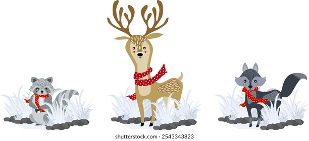 Winter animals in meadow with ice and snow
