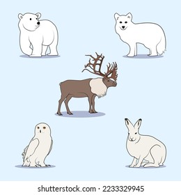 Winter Animals - Polar bear, Arctic fox, Reindeer, Snowy owl, Arctic hare. Realistic Wildlife Collection - Vector Illustration.