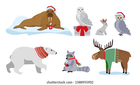 Сute winter animals with presents, santa hats and scarves. Merry christmas and happy new year