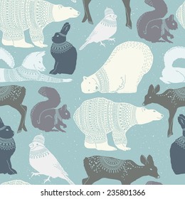 Winter animals seamless pattern with texture background