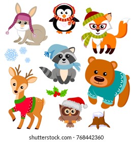 Winter animals in sweater, hat, scarf, glasses. Fox, bear, raccon, deer, owl, rabbit and penguin