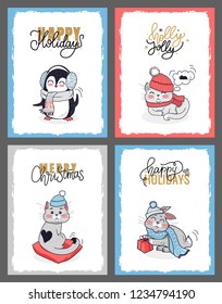 Winter animals vector illustration with greetings of Happy Holidays. Christmas Cards with happy penguin, holly jolly kitten and lovely bunny with gift box.