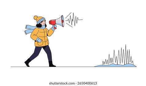 Anúncio de inverno com megafone espalhando notícias e informações ao ar livre
