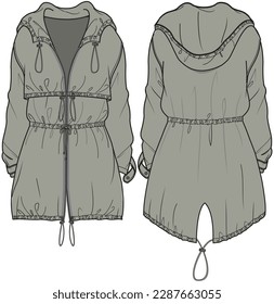 Winter Anorak Jacket, Parka Jacket Front and Back View. Fashion Illustration, Vector, CAD, Technical Drawing, Flat Drawing, Template, Mockup.	