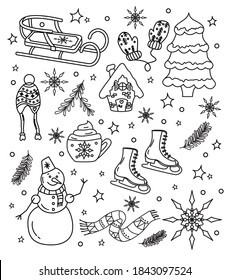 Winter antistress coloring page. Set: sled, mittens, hat, house, hot chocolate, tree, skates, snowman, scarf, snowflake. For art therapy, antistress coloring book for adults and children.