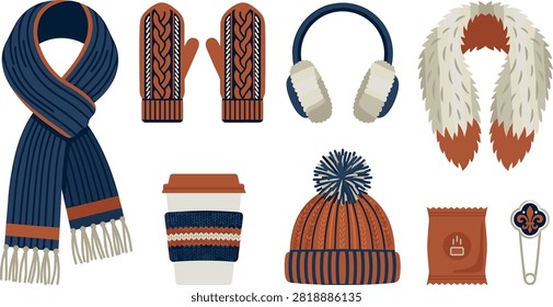 Winter Apparel and Cozy Accessories Vector Set with Knit Scarf Mittens Earmuffs Faux Fur Collar Beanie Hat Coffee Cup Hand Warmer and Safety Pin.eps