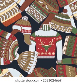 Winter apparel pattern with sweaters, hats, and gloves on a dark background, vector illustration. Suitable for holiday decor, gift wrapping, and seasonal fabric designs.