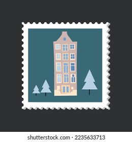 Arquitectura invernal Amsterdam acogedor y lindo sello postal de casa en un fondo azul.