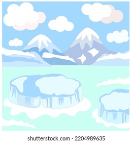 winter arctic ice landscape with iceberg, snow mountains hills.
Vector, Background 