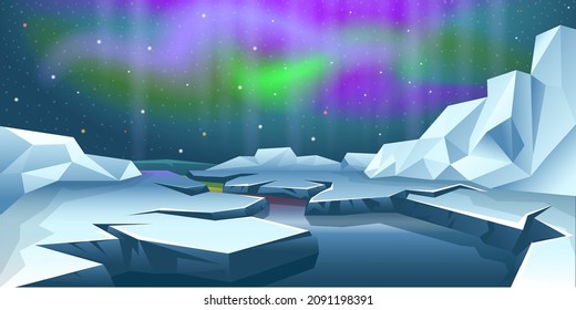 Winter Arctic Ice Landscape, Snow Mountains Hills. Polar Night With Northern Lights. Vector Abstract Background