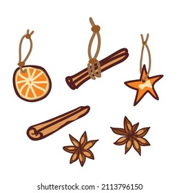 Winter aromatic spices for decoration and preparation of pastries and drinks. A set of 6 elements. Cinnamon, orange, star anise