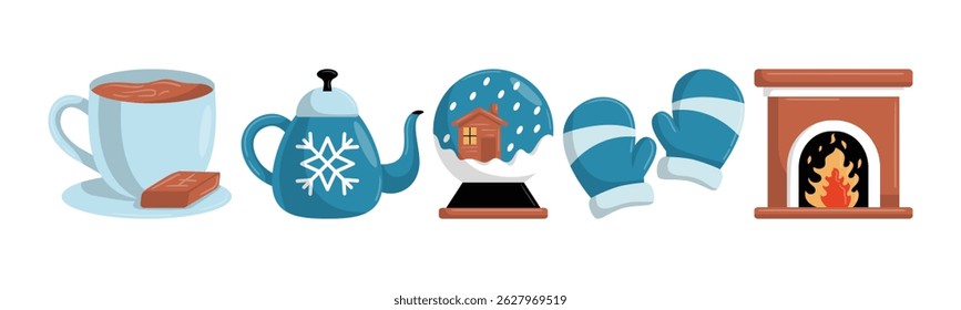 Winter arrangement featuring a cup of hot chocolate, a snowflake teapot, a snow globe, mittens and a cheerful fireplace. It evokes feelings of warmth, relaxation, and the joy of the holiday season.