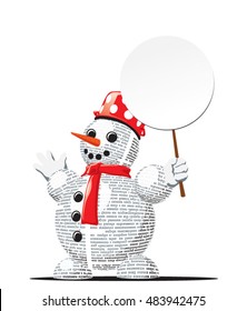 Winter arrival concept with Snowman with a blank placard in his hand for your text. Text in newspaper page unreadable. 