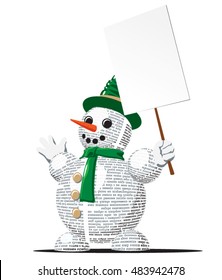 Winter arrival concept with Snowman with a blank placard in his hand. Design elements for holiday cards. Merry Christmas background. Text in newspaper page unreadable.