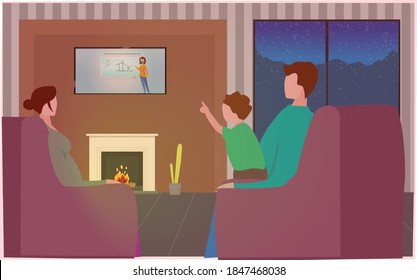 Winter Arrival Encouraging People To Stay Indoors Especially Due To The Pandemic , As It Snows Outside Family Stays Warm Beside The Fire & Watching The Television.