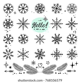 winter art hand drawn snowflakes icons set on white background