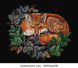 Winter art. Sleeping fox. Merry Clothes, textile design template. Christmas classical embroidery snow-covered branch of a fir-tree 