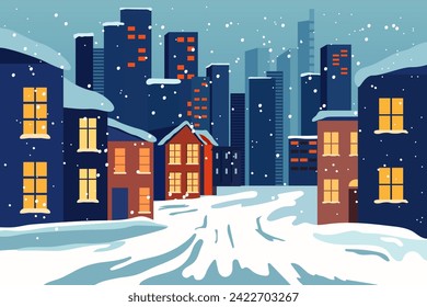 winter atmosphere in the city, snow-covered houses and streets