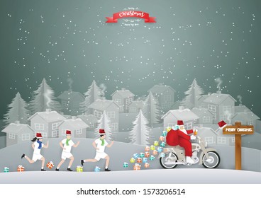 Winter atmosphere concept with Santa Claus riding motorcycle and Gift bag and Children are running,playing   coming to Urban countryside city in winter season.Vector and illustration.