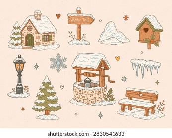 Winter Atmosphere doodle vector set with snowy cottage, wooden well, winter trail sign, lantern, birdhouse, pine tree, icicles, snowdrifts and bench in cute hand drawn style