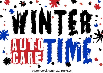 Winterauto-Pflegezeitposter. Horizontalbanner für Automobile. Geländegängige Schilder. Vektorgrafik. Bearbeitbarer Hintergrund auf rotem, blauem Hintergrund