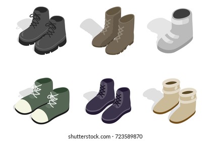 Winter autumn boots icon set. Isometric set of winter autumn boots vector icons for web isolated on white background