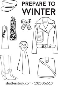 Winter autumn collection woman cloth set. Stylish fashionable clothes from popular designers. Best world brands trends. New collection of shoes and outwear models. For store, boutique ad. Vector