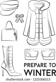 Winter autumn collection woman cloth set. Stylish fashionable clothes from popular designers. Best world brands trends. New collection of shoes and outwear models. For store, boutique ad. Vector