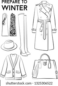 Winter autumn collection woman cloth set. Stylish fashionable clothes from popular designers. Best world brands trends. New collection of shoes and outwear models. For store, boutique ad. Vector
