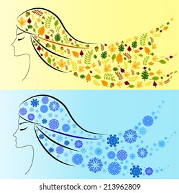 Winter and autumn decorative composition with the profile of a girl. Four Seasons