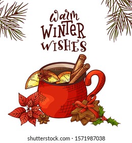 Winter or autumn drink for your design with lettering. Hand drawn sketch for Christmas template. Vector illustration