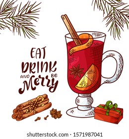 Winter or autumn drink for your design with lettering. Hand drawn sketch for Christmas template. Vector illustration