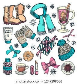 Winter and autumn essentials, vector color sketch illustration. Hand drawn fashion clothing, fall accessories, hot drinks icons and design elements.