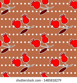 Winter and Autumn floral seamless pattern with rosehip and white circles on brown polka dot background. Print for children.Template design for invitation, poster, card, flyer, banner. 
