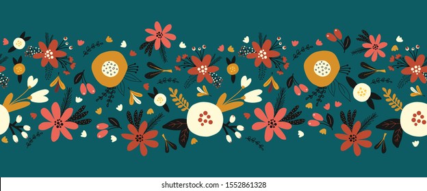 Winter autumn flowers seamless vector border. Florals and leaves pattern. Hand drawn holiday design Scandinavian style for Thanksgiving, Christmas, greeting cards, surface decoration, ribbons, trim