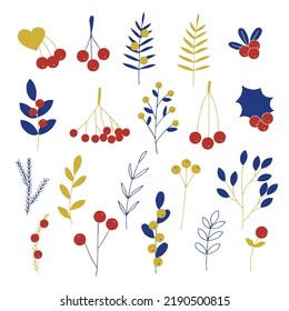 Winter and autumn forest berries and plants set vector illustration, hand drawing, red, gold and blue colors