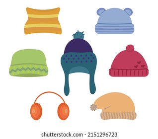 Winter or autumn headwear collection. Flat illustration of colorful knitted winter hats for girls and boys isolated on white background. Winter clothes. Vector illustration.