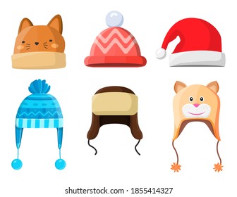 Winter or autumn headwear collection. Vector knitting hats, caps and scarfs for girls and boys for cold weather isolated on white background.
