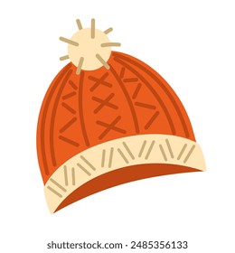 Winter autumn knitted beanie hat with pompon. Flat isolated vector illustration